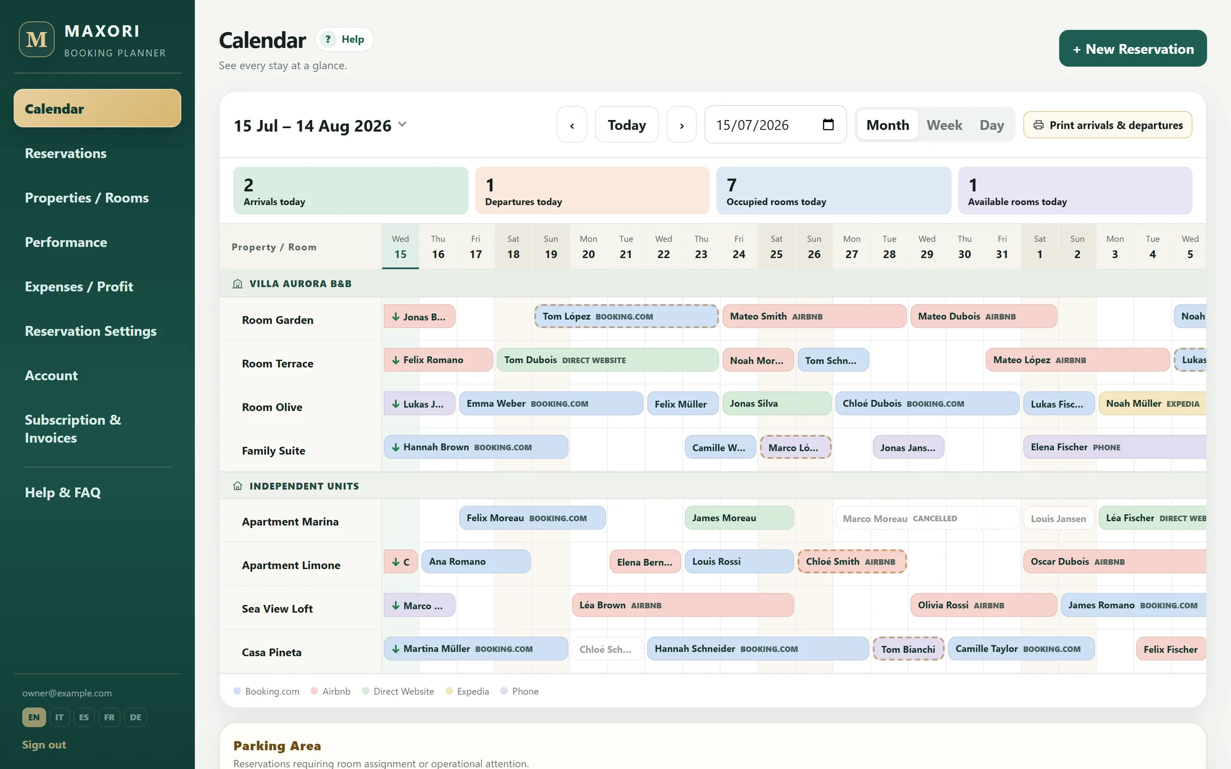 MAXORI Booking Planner Calendar in Month view: rooms grouped by establishment, stays coloured by booking channel and today's arrivals and departures